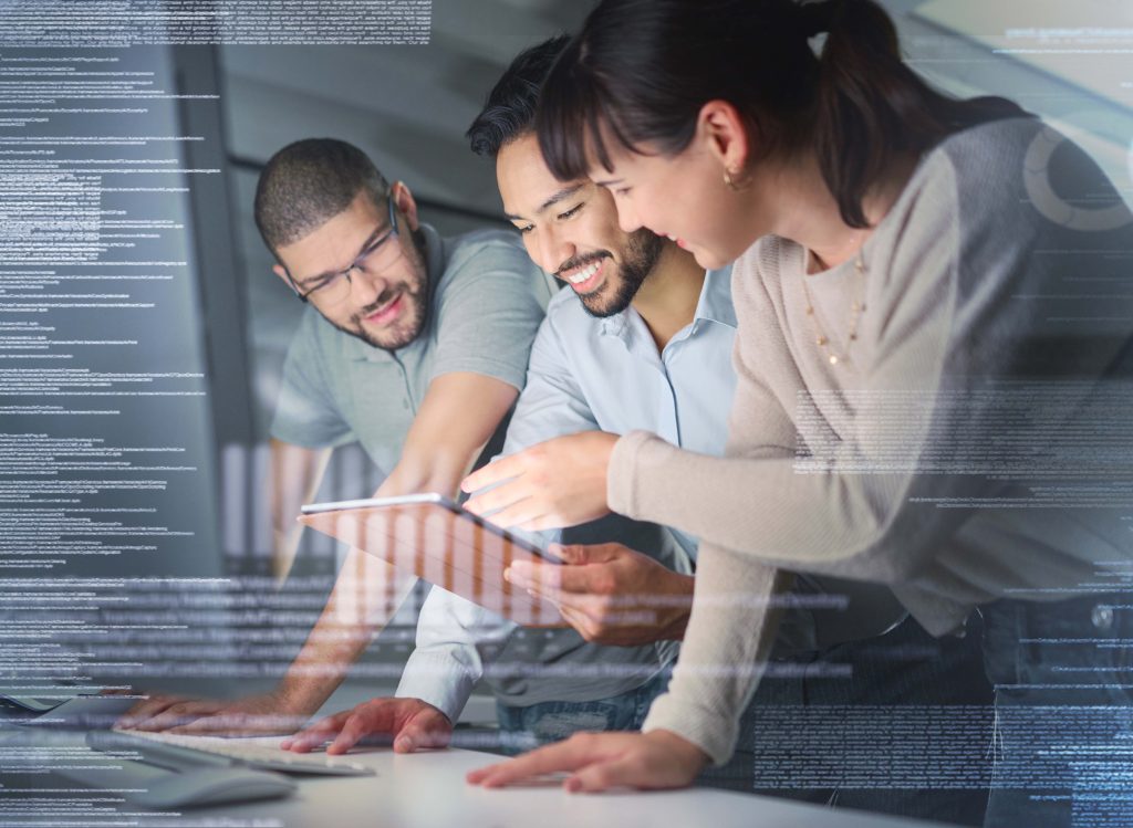 Business people coding overlay and information technology with tablet programming team and software development Code futuristic and collaboration meeting with programmer group in office - CyRiSo Cyber Risk Solutions